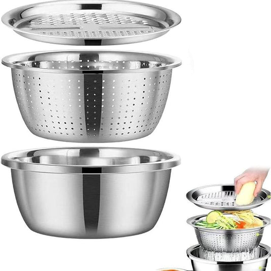 3-In-1 Stainless Steel Multi-Functional Strainer Set, Includes Basin/Sieve/Cutter, Ideal for Washing Rice Fruits Vegetables Kitchen Essentials