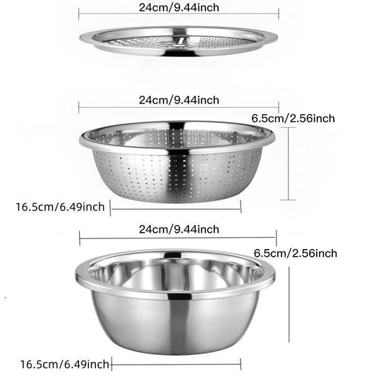 3-In-1 Stainless Steel Multi-Functional Strainer Set, Includes Basin/Sieve/Cutter, Ideal for Washing Rice Fruits Vegetables Kitchen Essentials