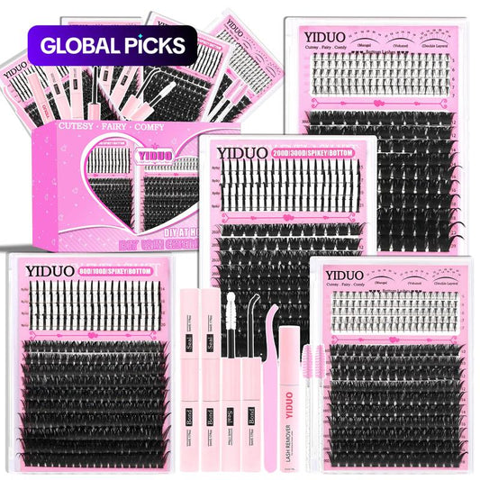 6 Styles Lash Cluster Kit, Spike/Bottom/80D/100D/200D/300D Volume Lashes, 980 Pcs 5–20 Mm D-Curl Cluster Eyelash Extension Kit with Lash Bond and Seal (2 Bottles), Remover, Tweezers and Brush for Easy DIY at Home