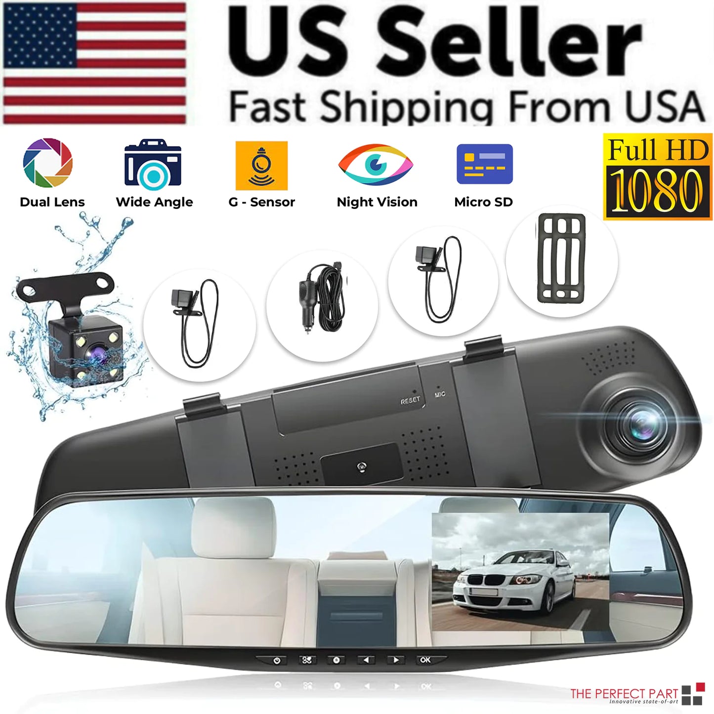 Mirror Car DVR Dual Dash Cam Camera Front Rear Video Recorder 1080P HD Rearview